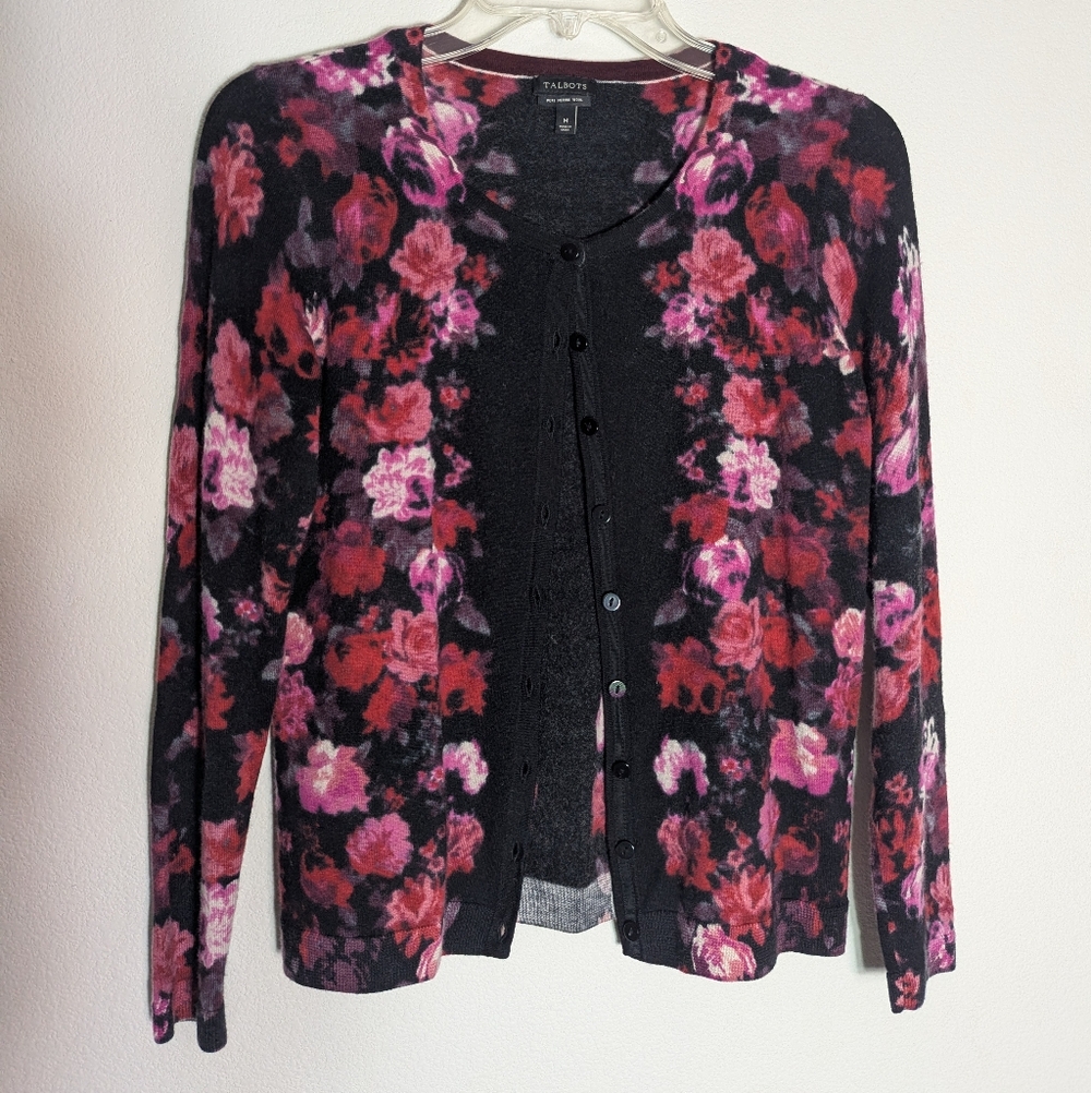 Talbots Womens Cardigan‎ Sweater 100% Merino Wool Floral Roses Coquette Medium